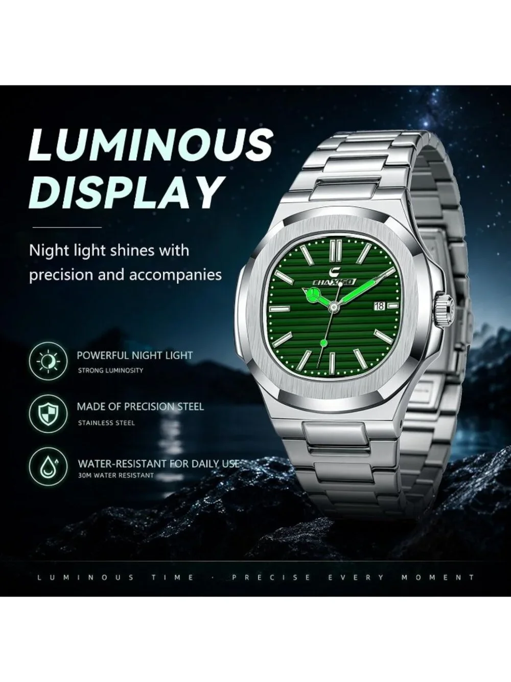 Men's Silver Green Alloy Material Waterproof Quartz Sports Sports Wrist Watches